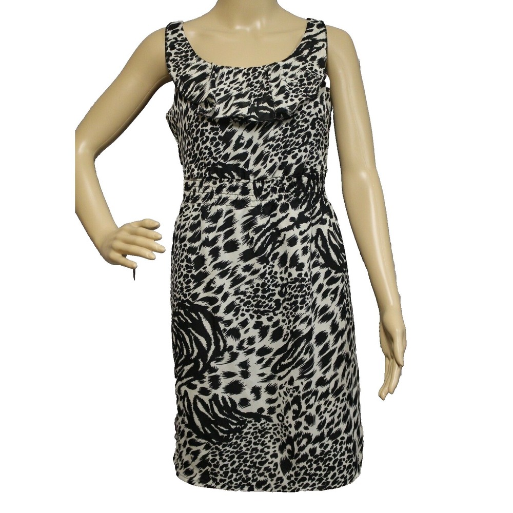 Apostrophe Women Dress Sz XS Leopard Chiffon Sleeveless Black Gray Ruffle Event